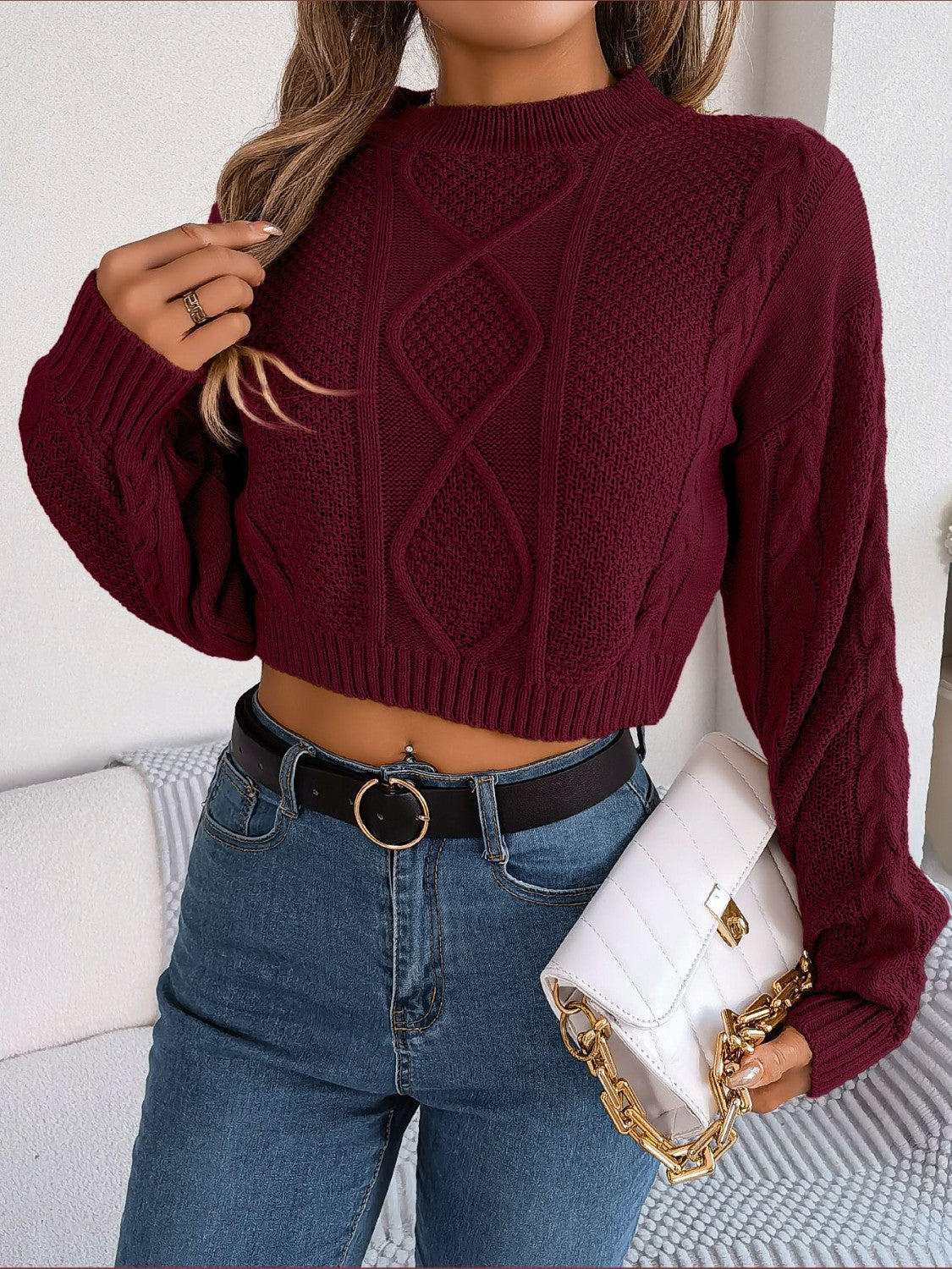 Honeybee Mumford's Cable-Knit Round Neck Cropped Sweater