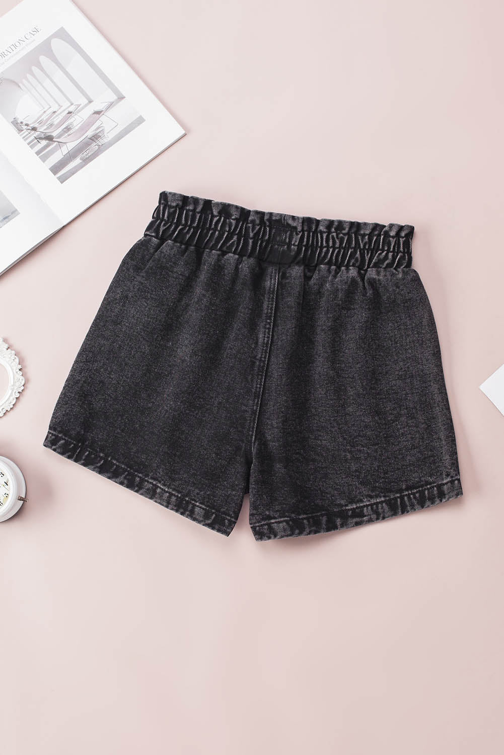 Honeybee Mumford's Black Retro Bleach-washed Ruffled Elastic High Waist Denim Shorts