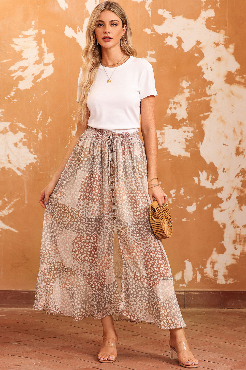 Honeybee Mumford's Apricot Boho Flower Print Smocked Waist Button Slit Maxi Skirt