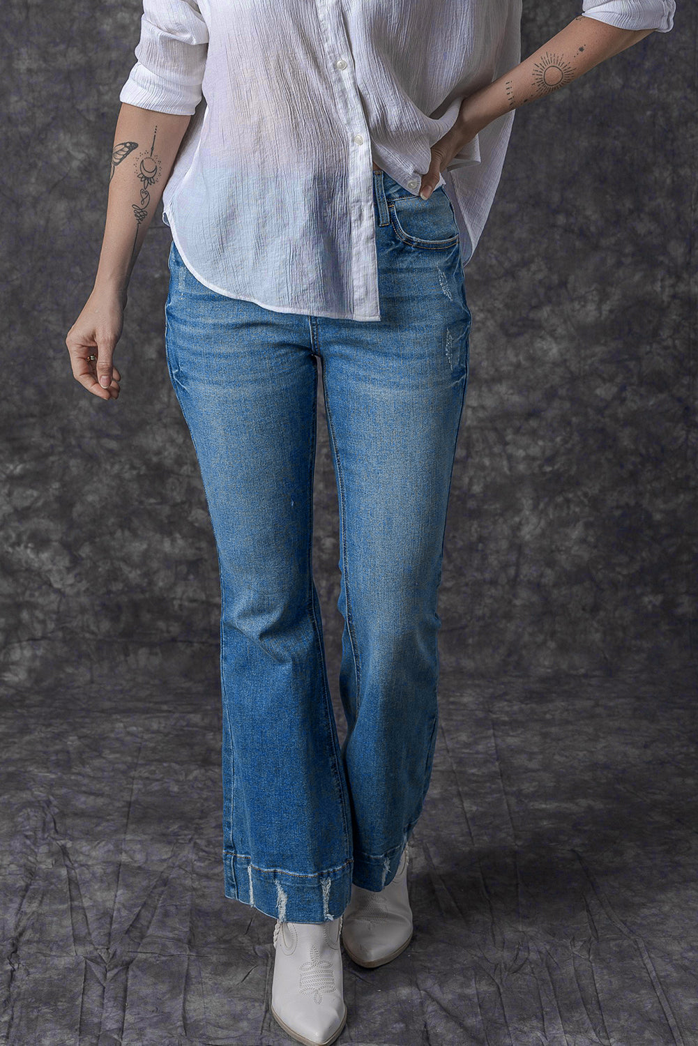 Honeybee Mumford's Sky Blue Slight Distressed Medium Wash Flare Jeans