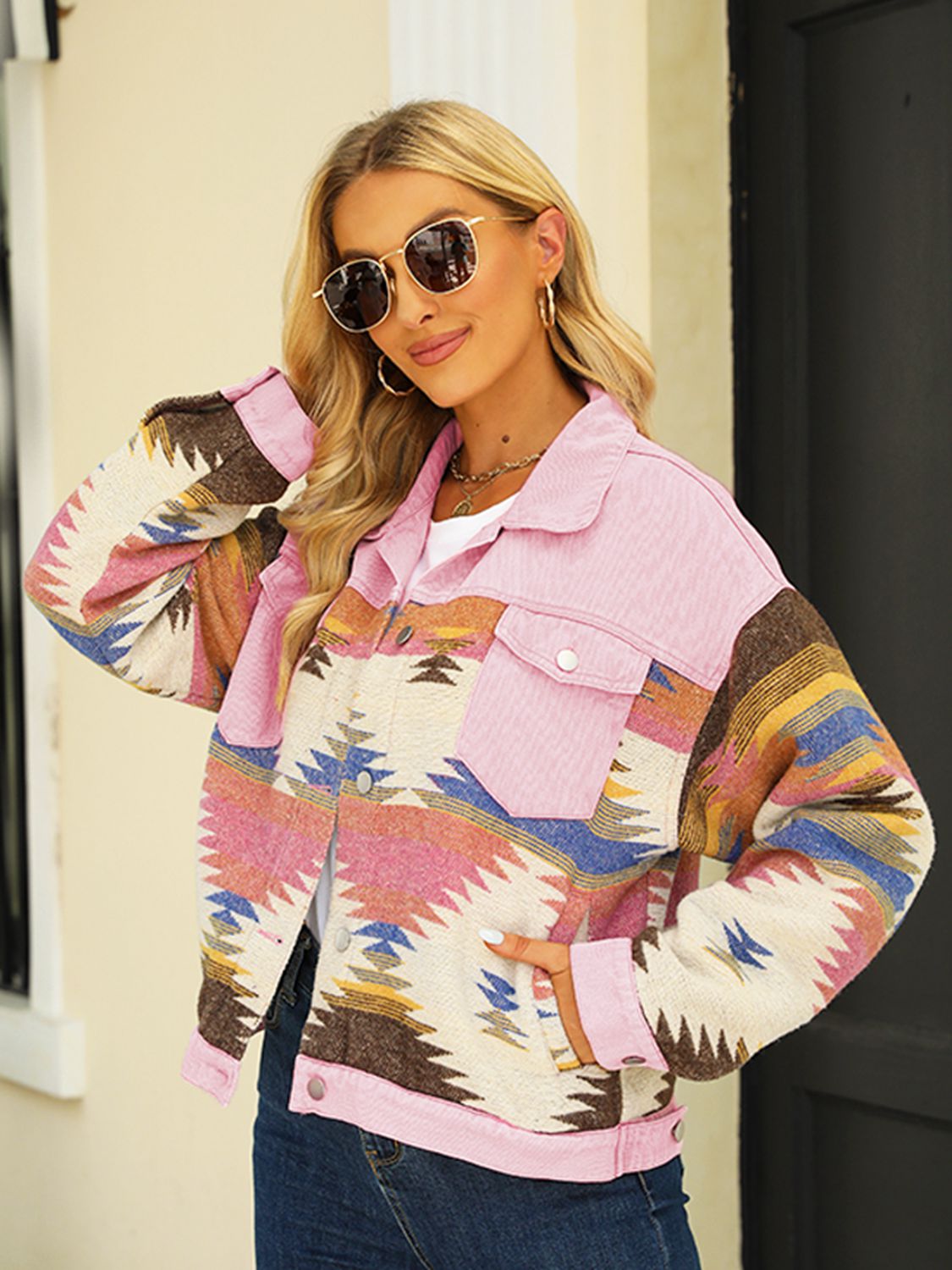 Honeybee Mumford's Printed Dropped Shoulder Long Sleeve Denim Jacket