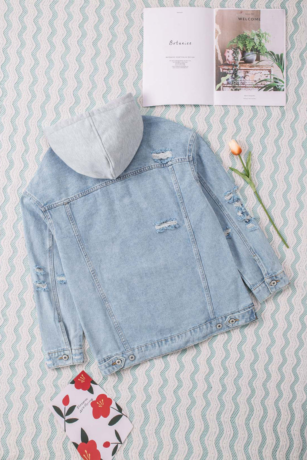 Honeybee Mumford's Sky Blue Button Closure Ripped Hooded Denim Jacket