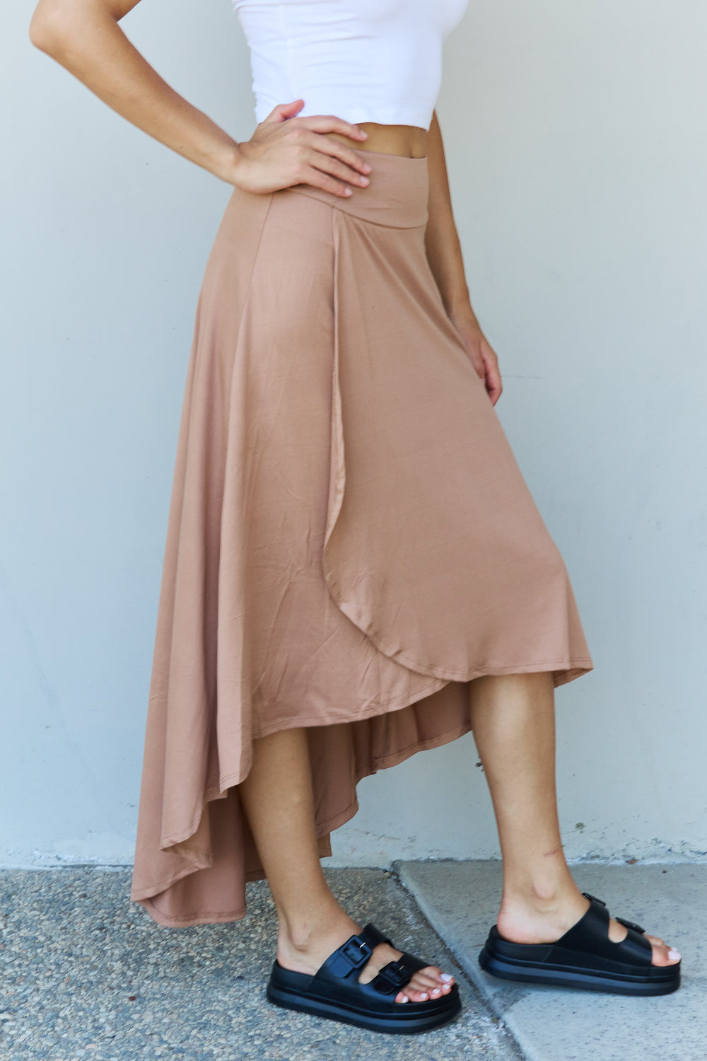 Honeybee Mumford's First Choice High Waisted Flare Maxi Skirt in Camel