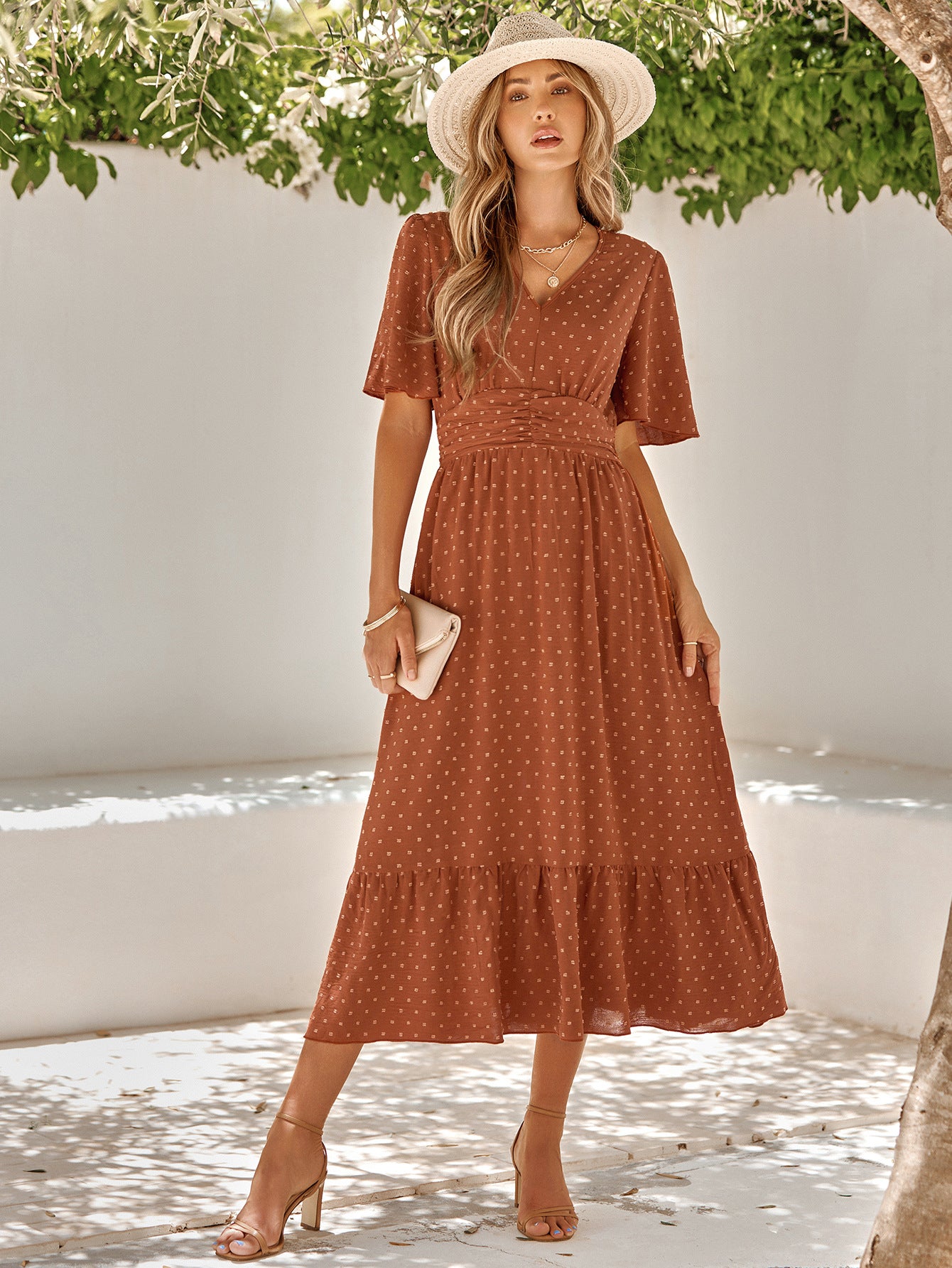 Honeybee Mumford's Swiss Dot V-Neck Ruffle Hem Dress