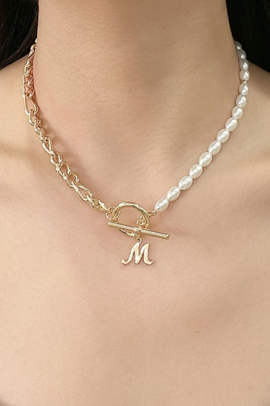 honeybee Mumford's Alphabet M Pendant Half Pearl and Half Chain Necklace