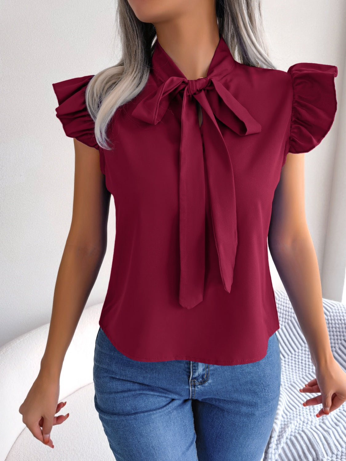 Honeybee Mumford's Tie Neck Cap Sleeve Blouse