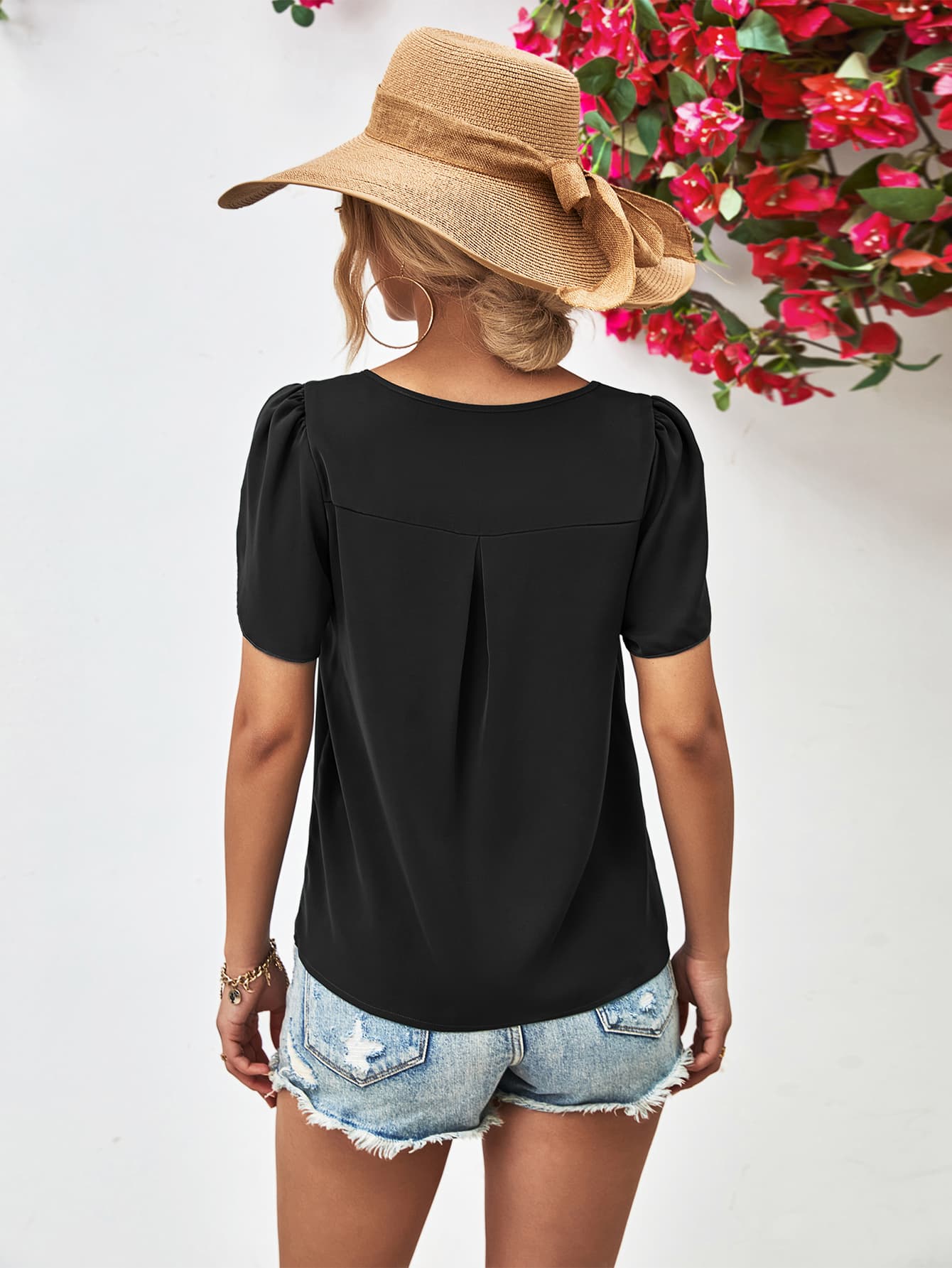 Honeybee Mumford's Cutout Round Neck Petal Sleeve Blouse