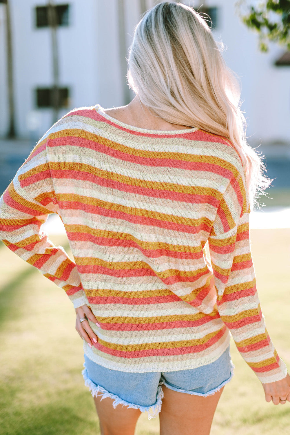 Honeybee Mumford's Striped Round Neck Dropped Shoulder Pullover Sweater