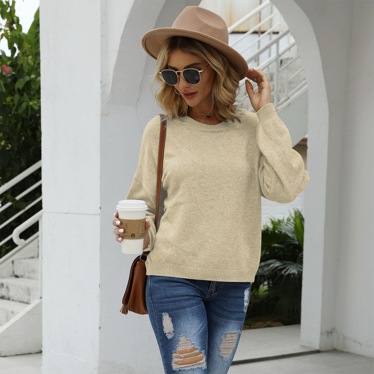 Honeybee Mumford's Round Neck Long Sleeve Drop Shoulder Sweater