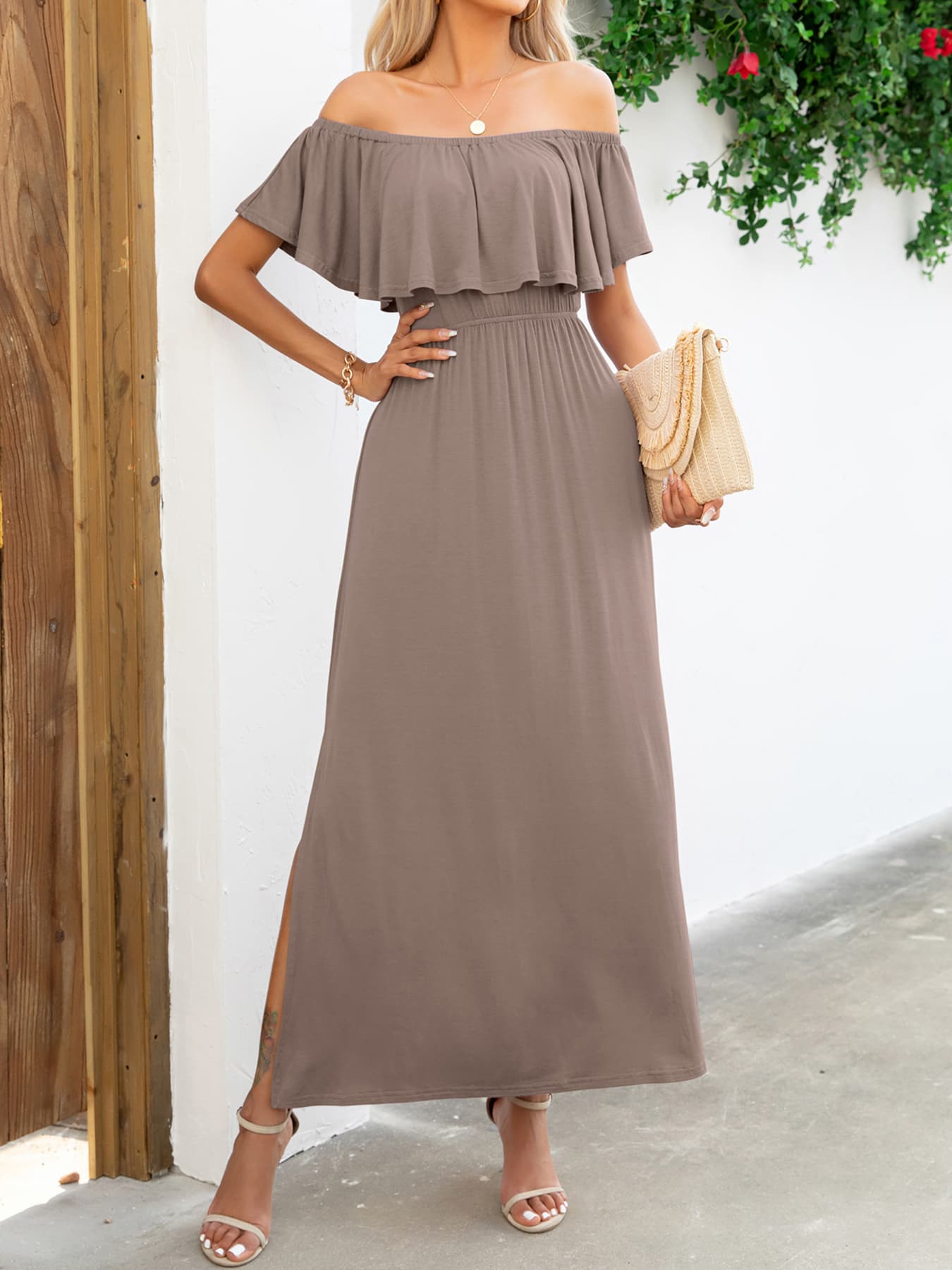 Honeybee Mumford's Off-Shoulder Slit Maxi Dress