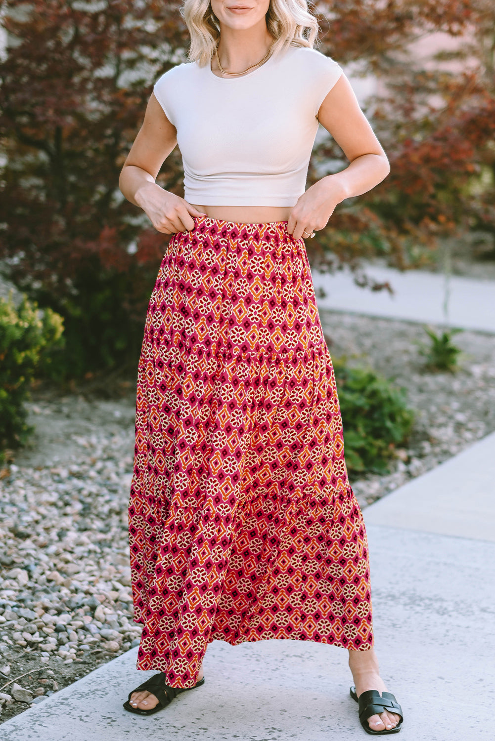 Honeybee Mumford's Rose Vintage Boho Floral Print Tiered Maxi Skirt