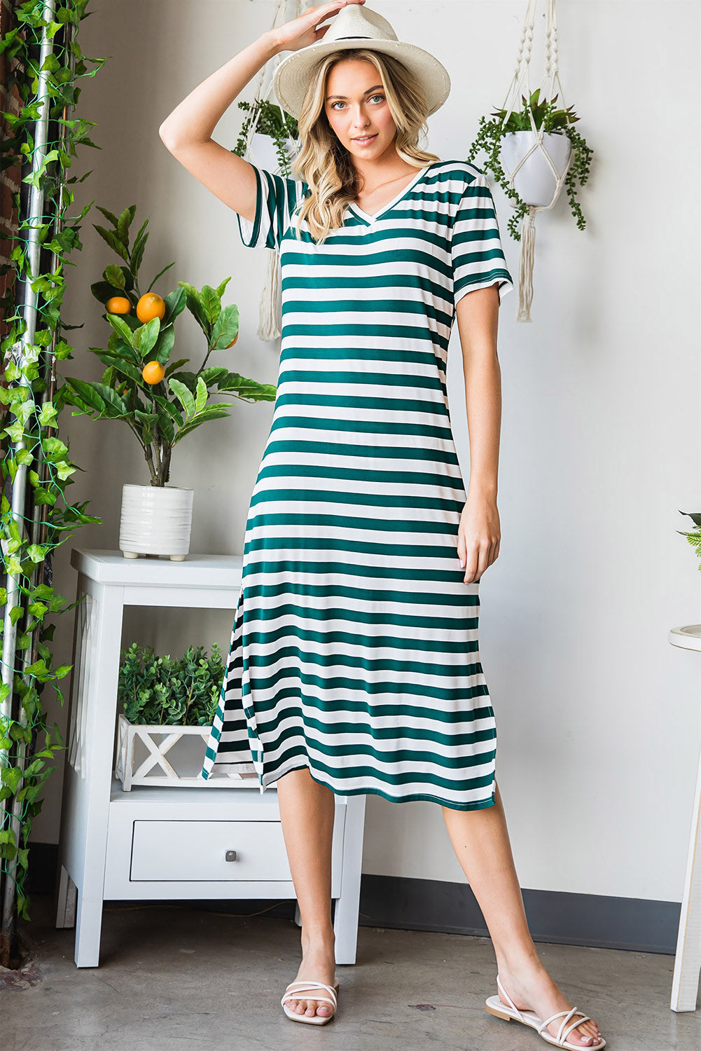 Honeybee Mumford's Striped V-Neck Short Sleeve Side Slit Dress