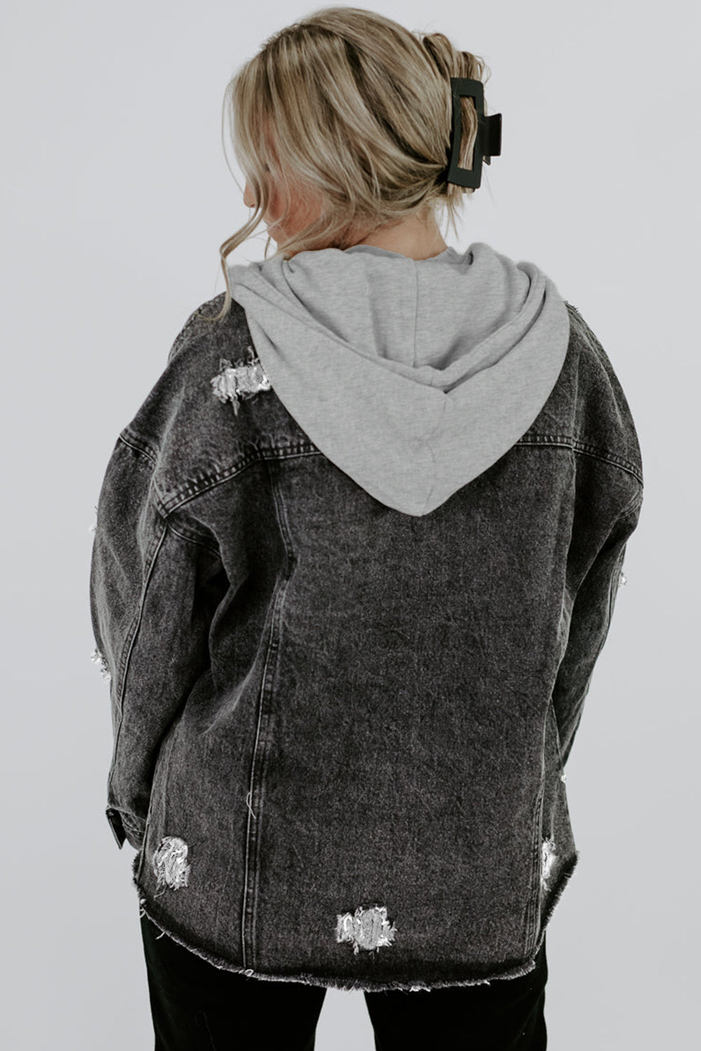 Honeybee Mumford's Black Drawstring Hooded Frayed Denim Jacket