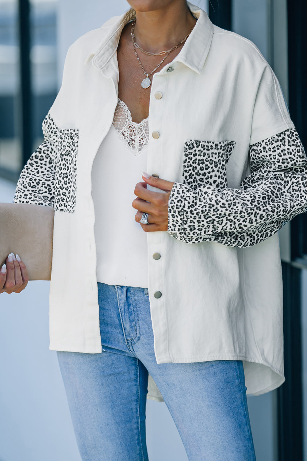 Honeybee Mumford's White Contrast Leopard Denim Jacket