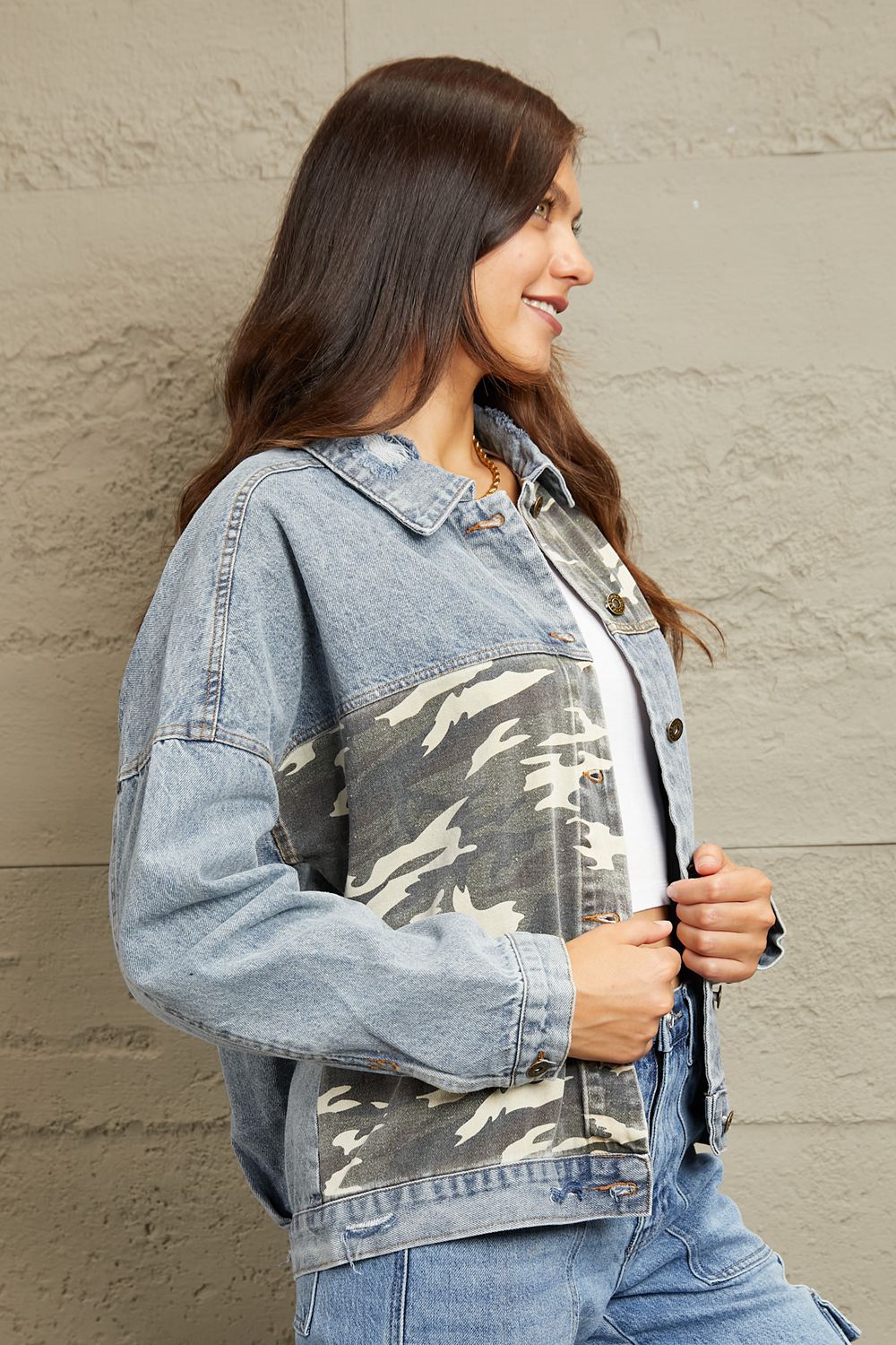 Honeybee Mumford's Full Size Washed Denim Camo Contrast Jacket