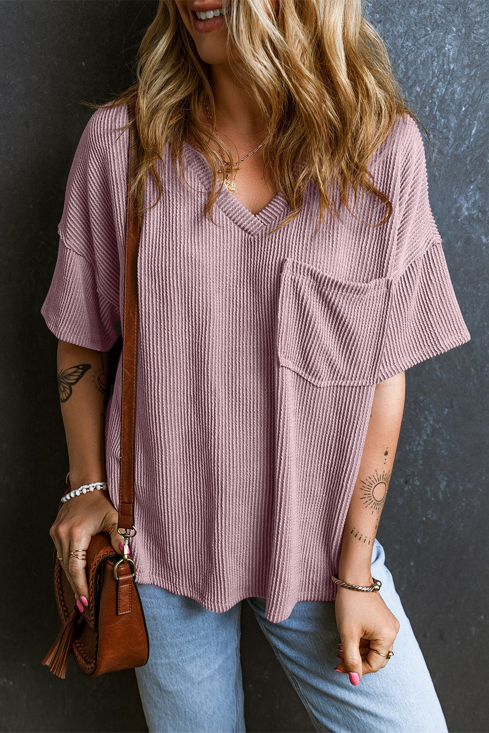 Honeybee Mumford's Purple Valerian Corded V Neck Chest Pocket Loose T-shirt