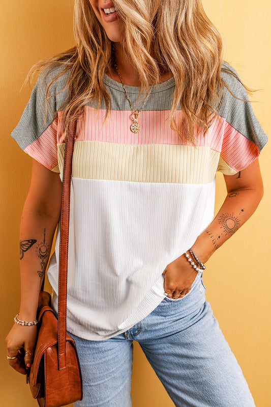 Honeybee Mumford's White Ribbed Color Block Patchwork T-shirt