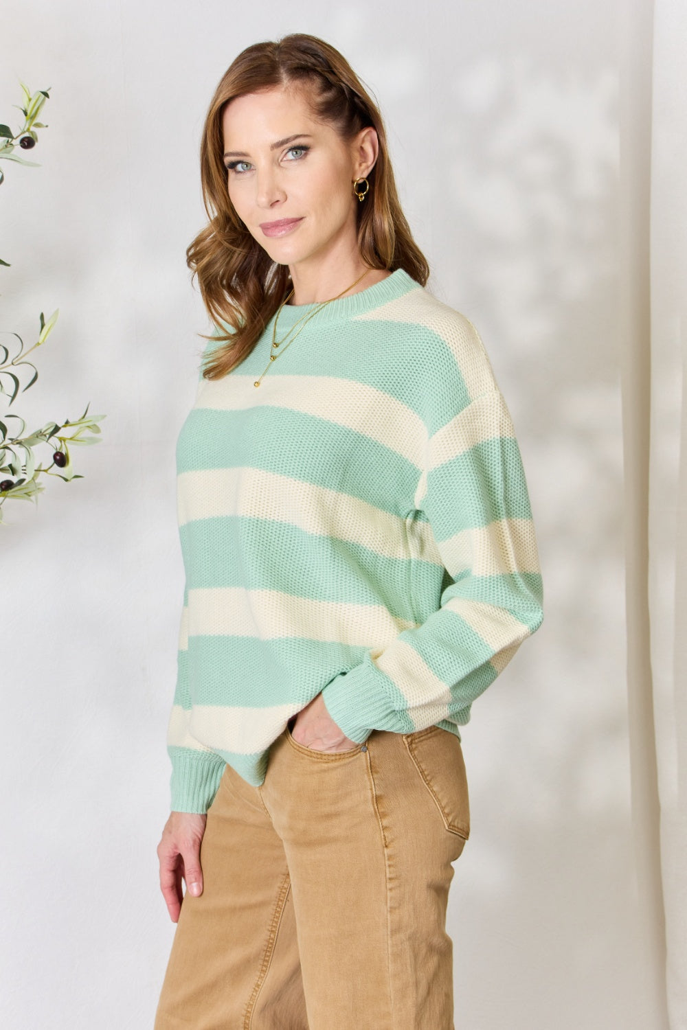 Honeybee Mumford's Sew In Love Full Size Contrast Striped Round Neck Sweater