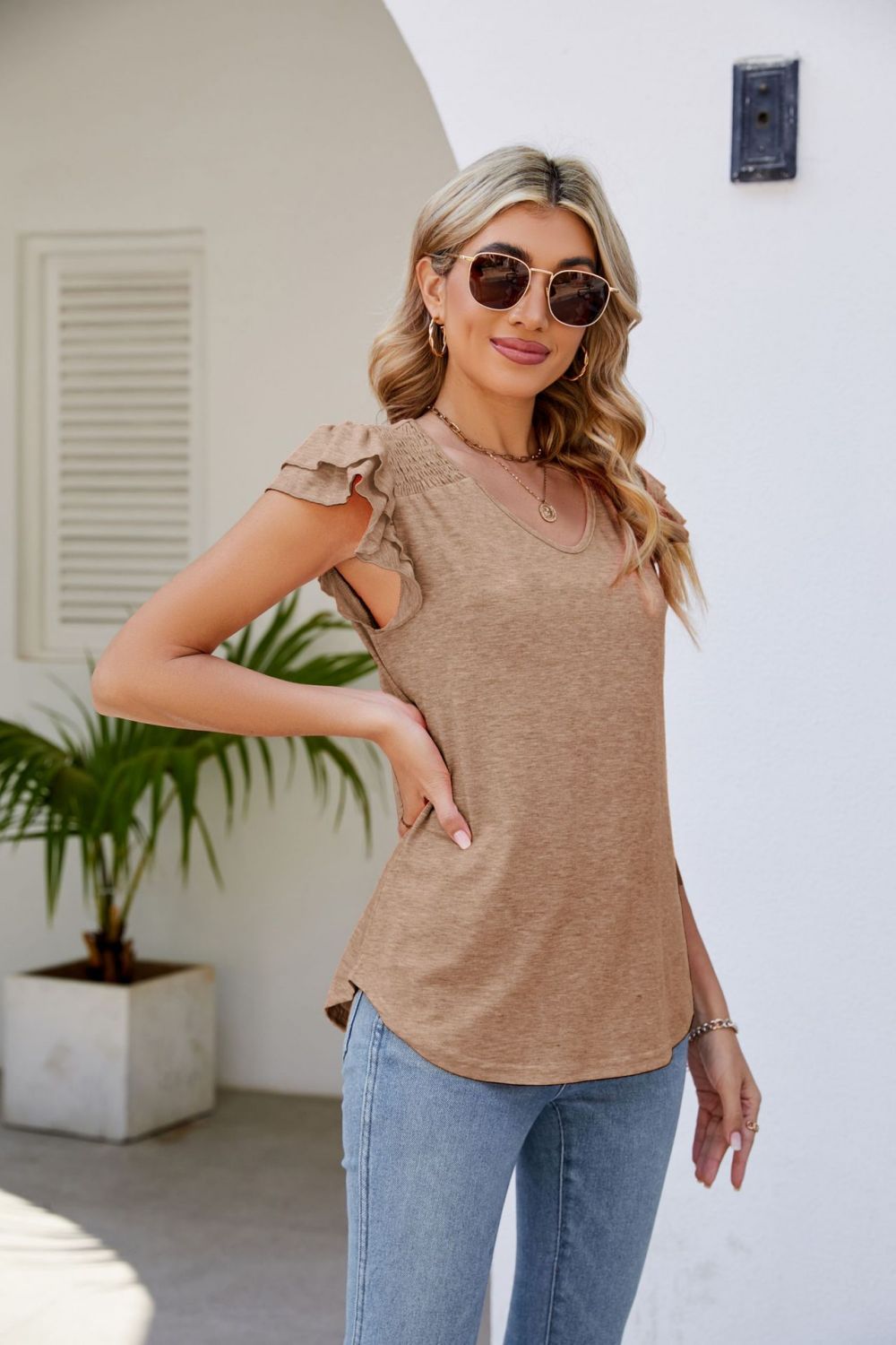 Honeybee Mumford's Smocked Flutter Sleeve V-Neck Top