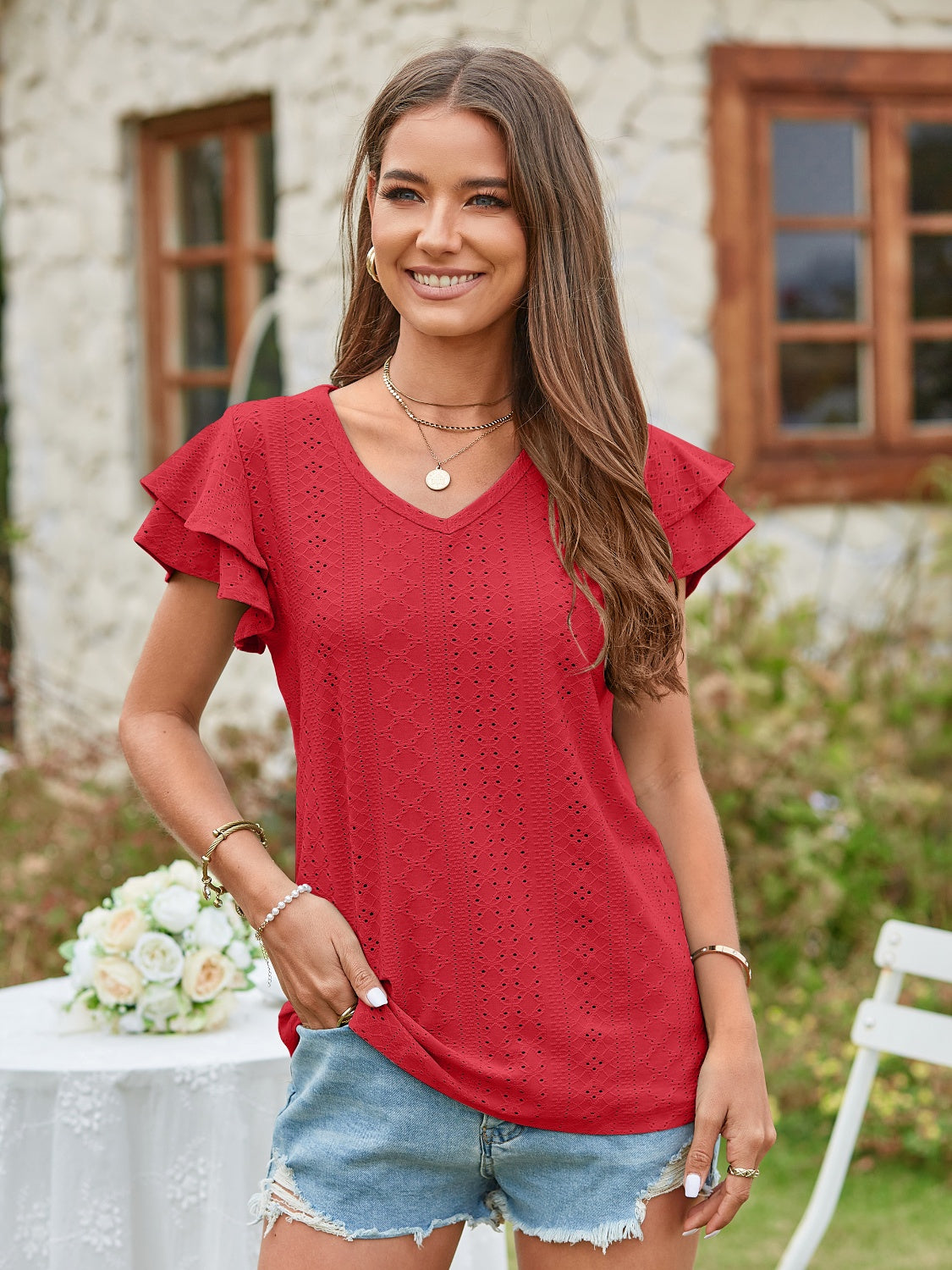 Honeybee Mumford's Eyelet V-Neck Short Sleeve Blouse