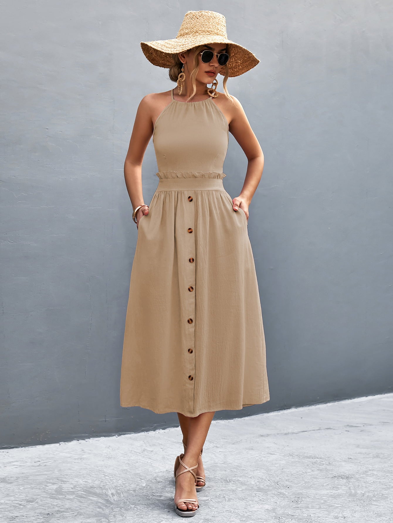 Honeybee Mumford's Buttoned Halter Neck Frill Trim Midi Dress