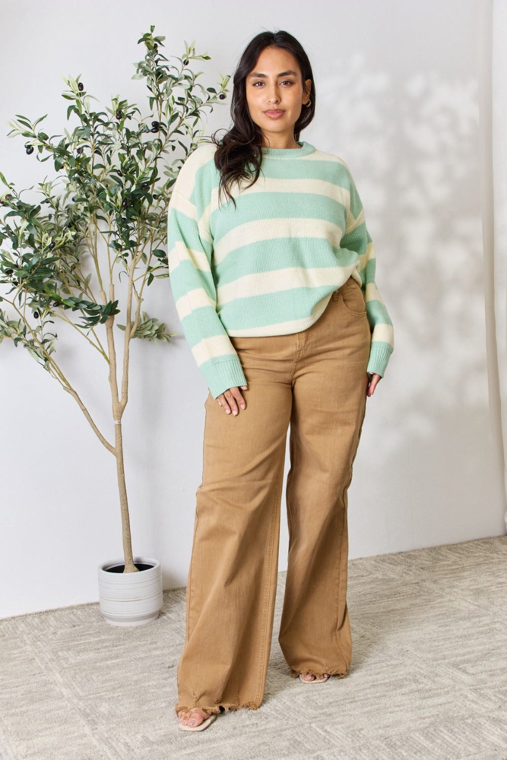 Honeybee Mumford's Sew In Love Full Size Contrast Striped Round Neck Sweater