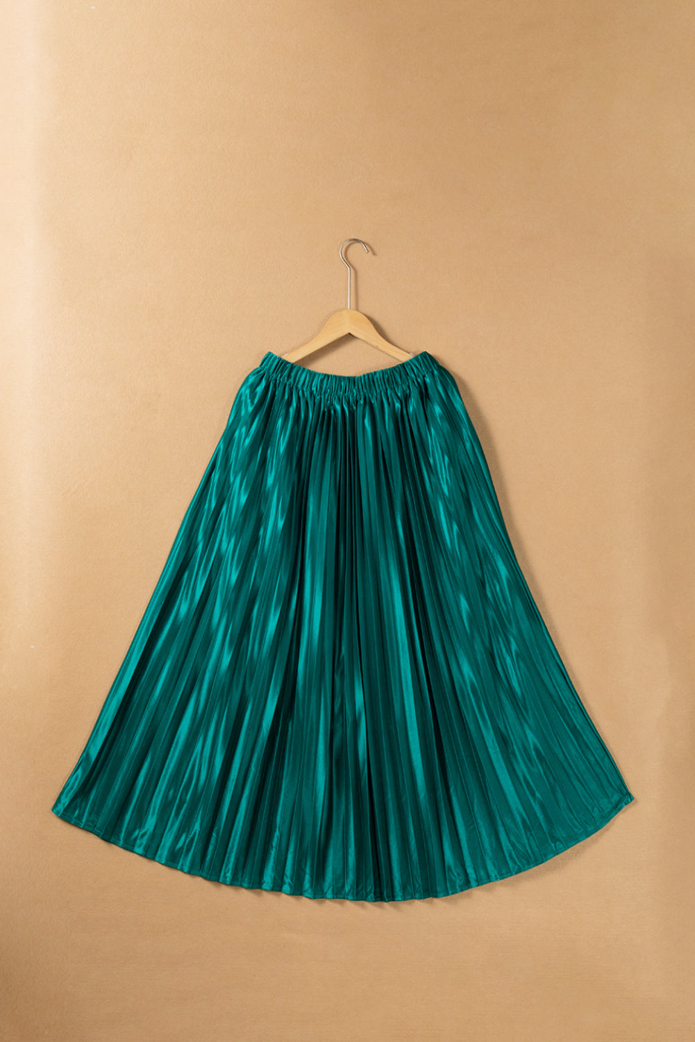 Honeybee Mumford's Blackish Green Satin Elastic Waist Pleated Maxi Skirt