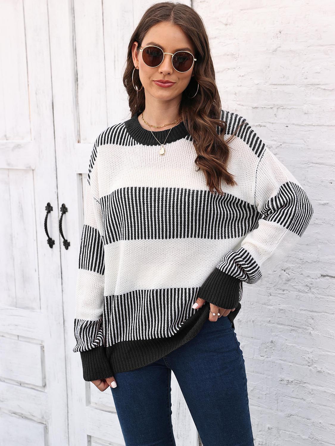 Honeybee Mumford's Full Size Round Neck Drop Shoulder Sweater