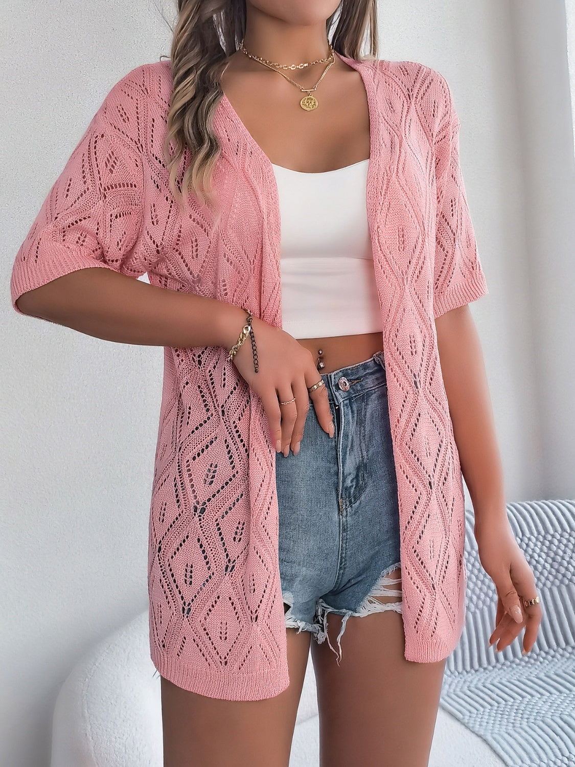 Honeybee Mumford's Openwork Open Front Half Sleeve Cardigan