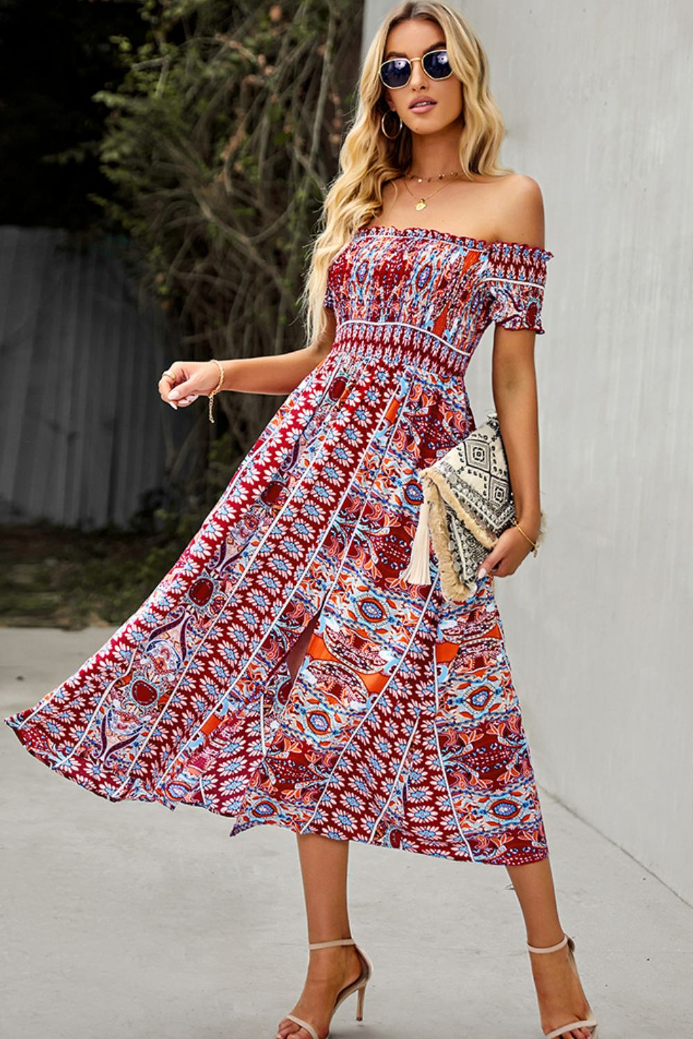 Honeybee Mumford's Casual Bohemian Off-Shoulder Frill Trim Split Dress