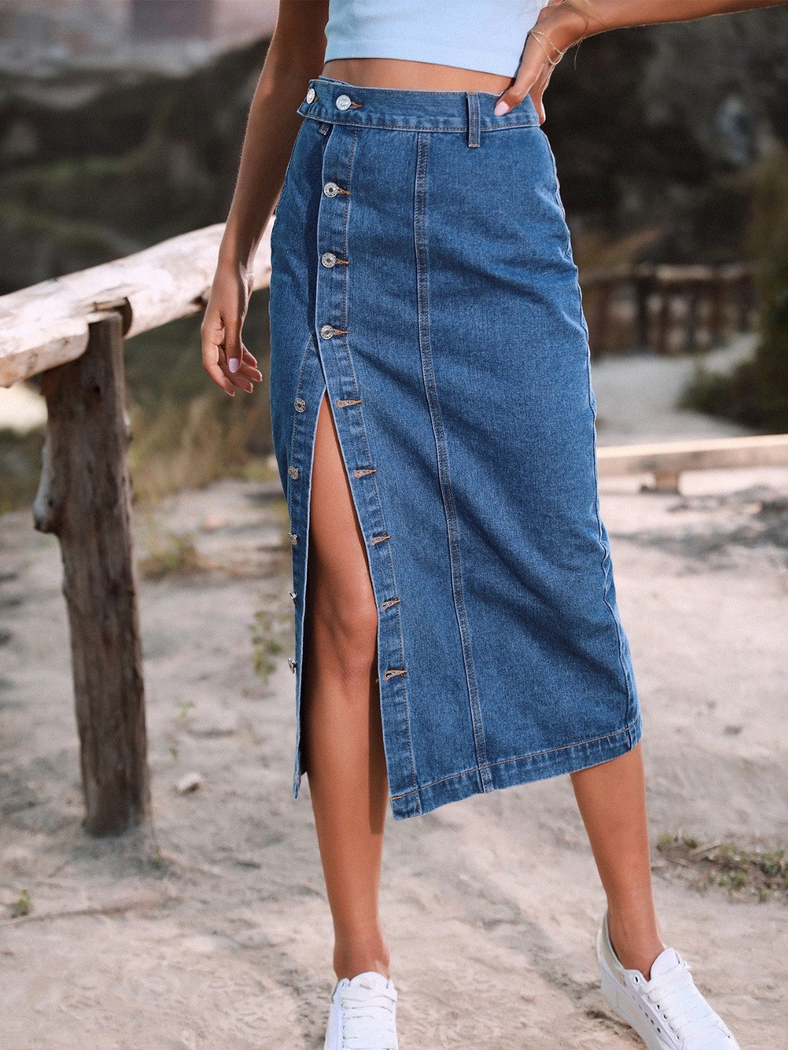 Honeybee Mumford's Button-Down Denim Skirt in Sky Blue, Navy and more