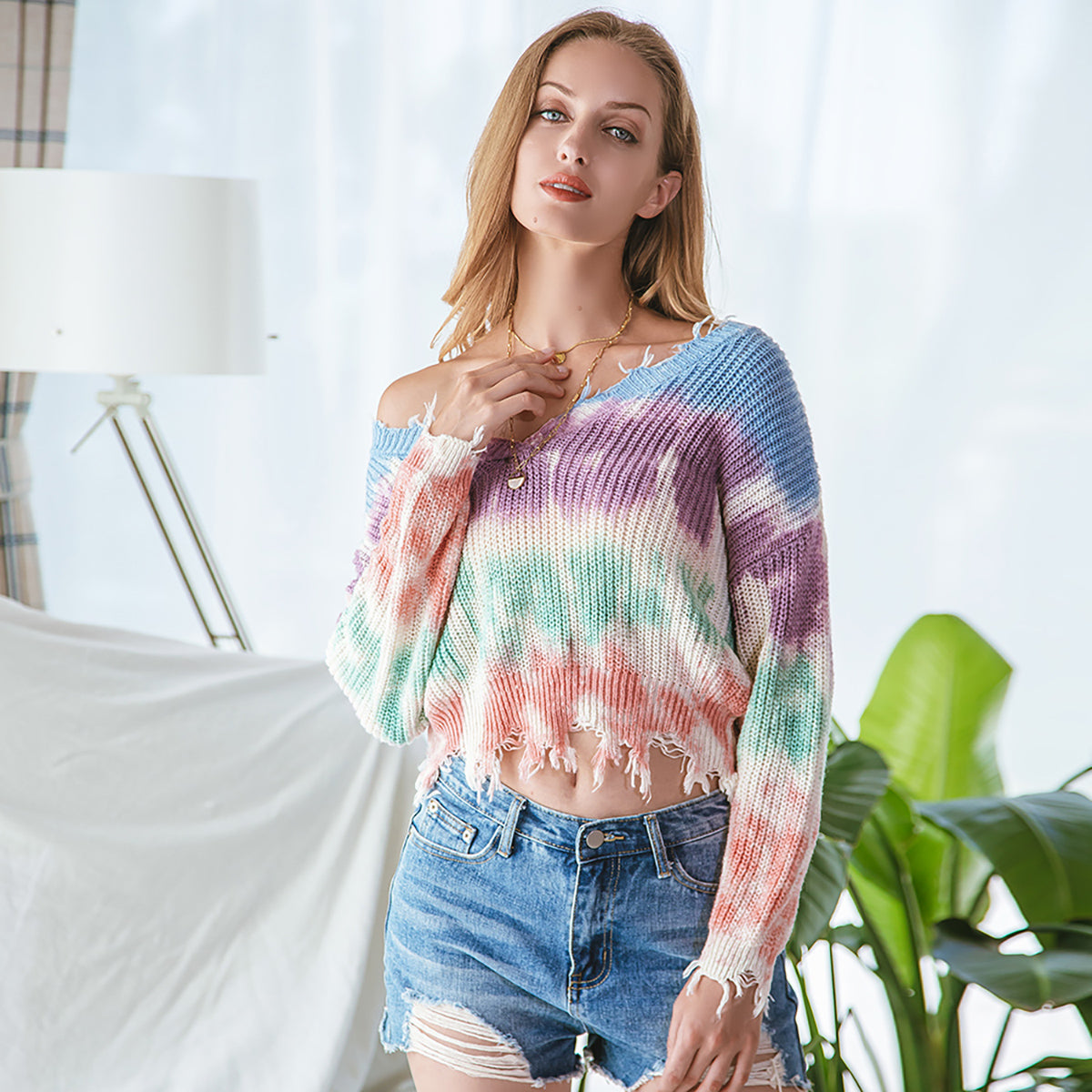 Honeybee Mumford's Tie-Dye V-Neck Frayed Hem Sweater