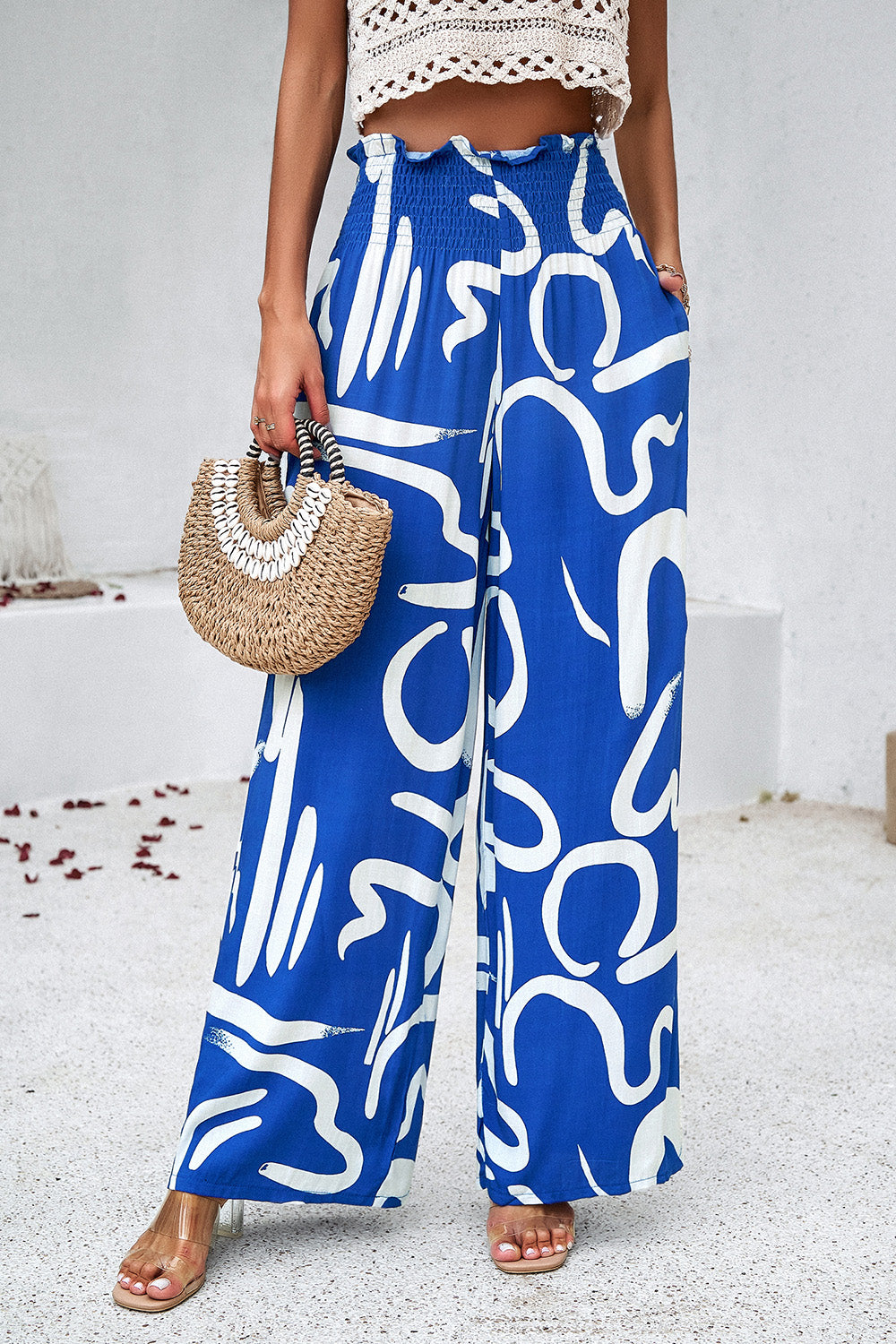 Honeybee Mumford's Smocked Printed Wide Leg Pants with Pockets