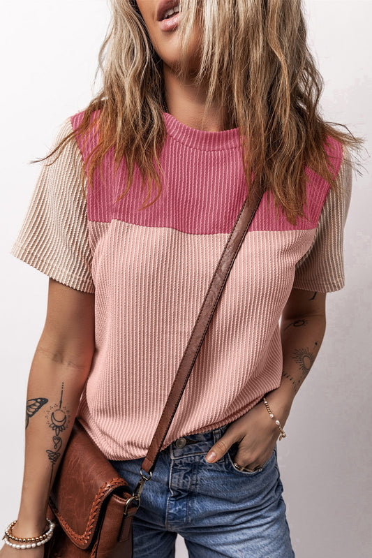 Honeybee Mumford's Pink Rib Textured Colorblock T Shirt