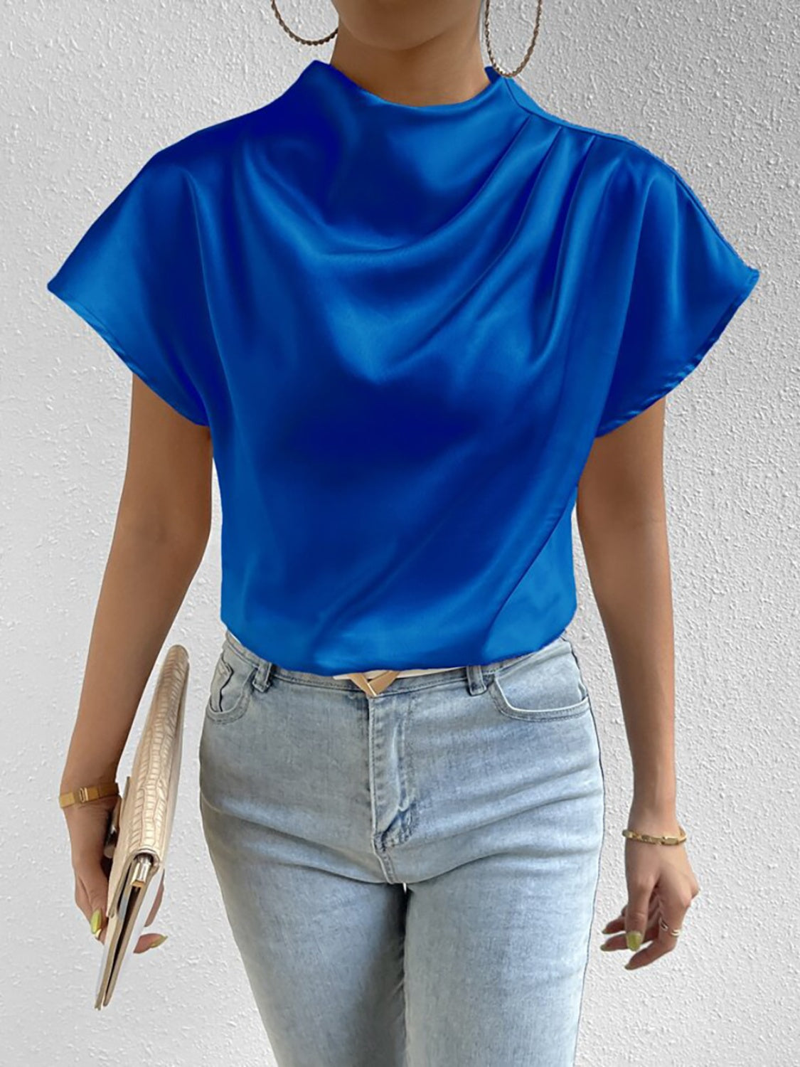 Honeybee Mumford's Ruched Mock Neck Short Sleeve Blouse