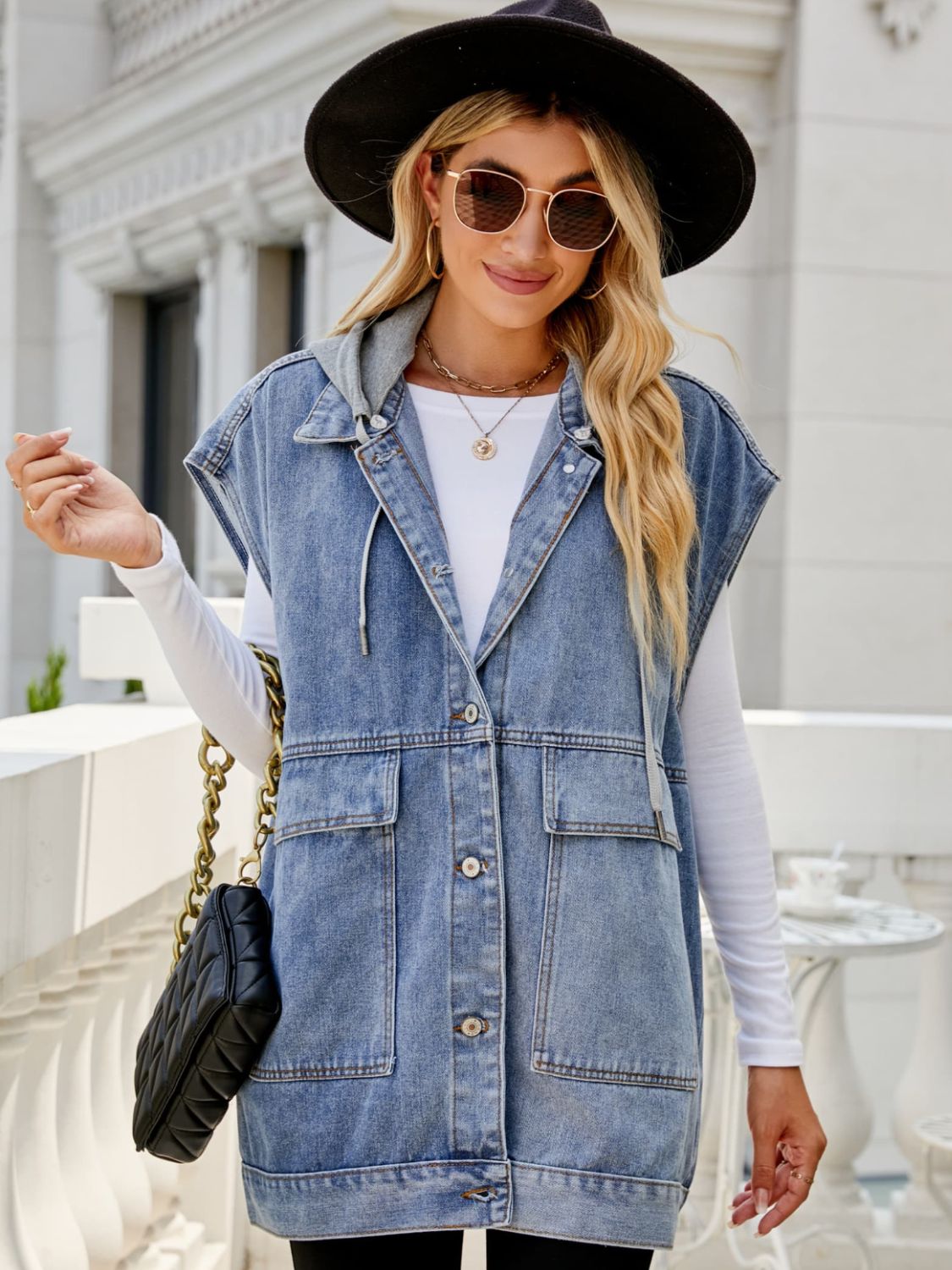 Honeybee Mumford's Hooded Sleeveless Denim Top with Pockets