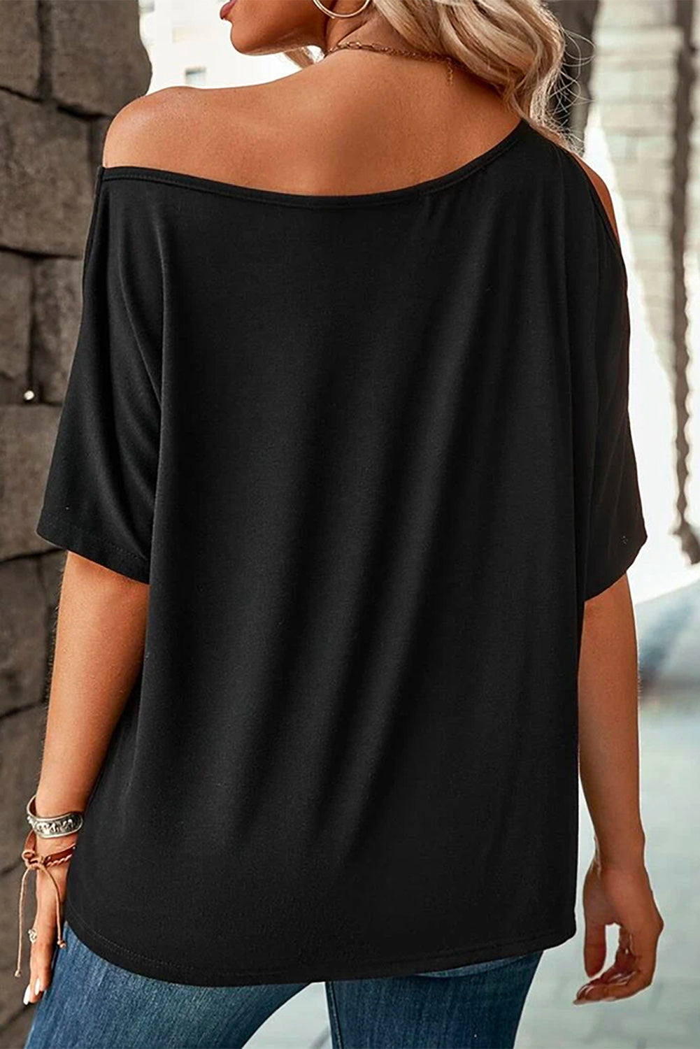 Honeybee Mumford's Black Solid Asymmetrical Neck Loose Casual T-Shirt