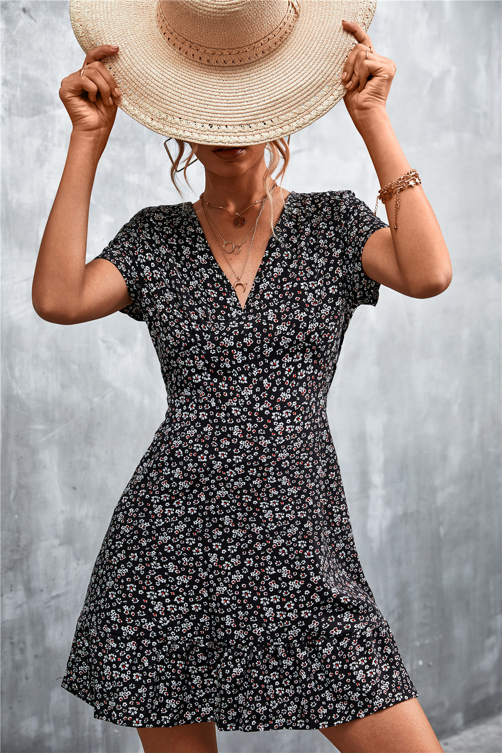 Honeybee Mumford's Ditsy Floral V-Neck Short Sleeve Dress