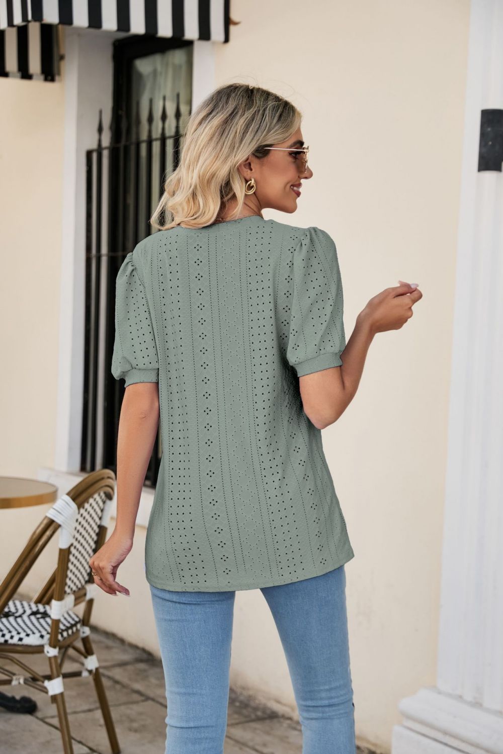 Honeybee Mumford's Eyelet Puff Sleeve V-Neck Top