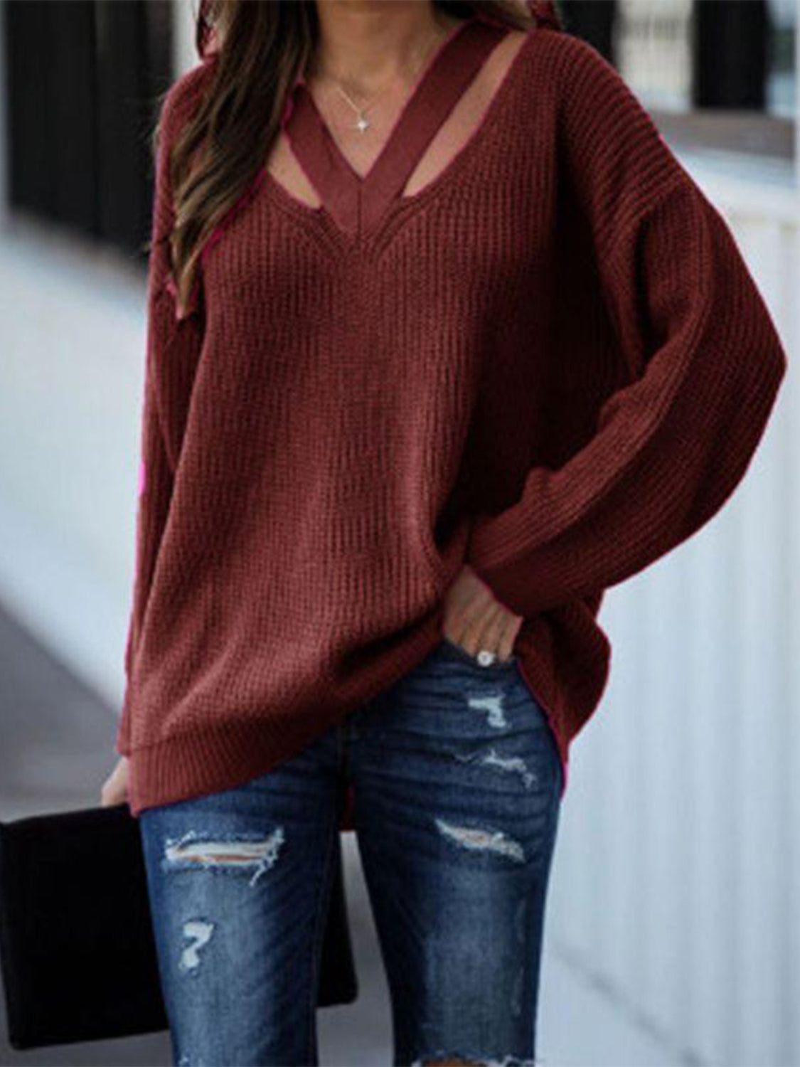 Honeybee Mumford's Full Size Cutout V-Neck Rib-Knit Sweater