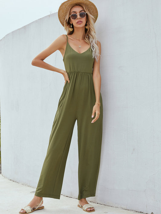 Honeybee Mumford's Adjustable Spaghetti Strap Jumpsuit with Pockets( wine, black and army green colors)