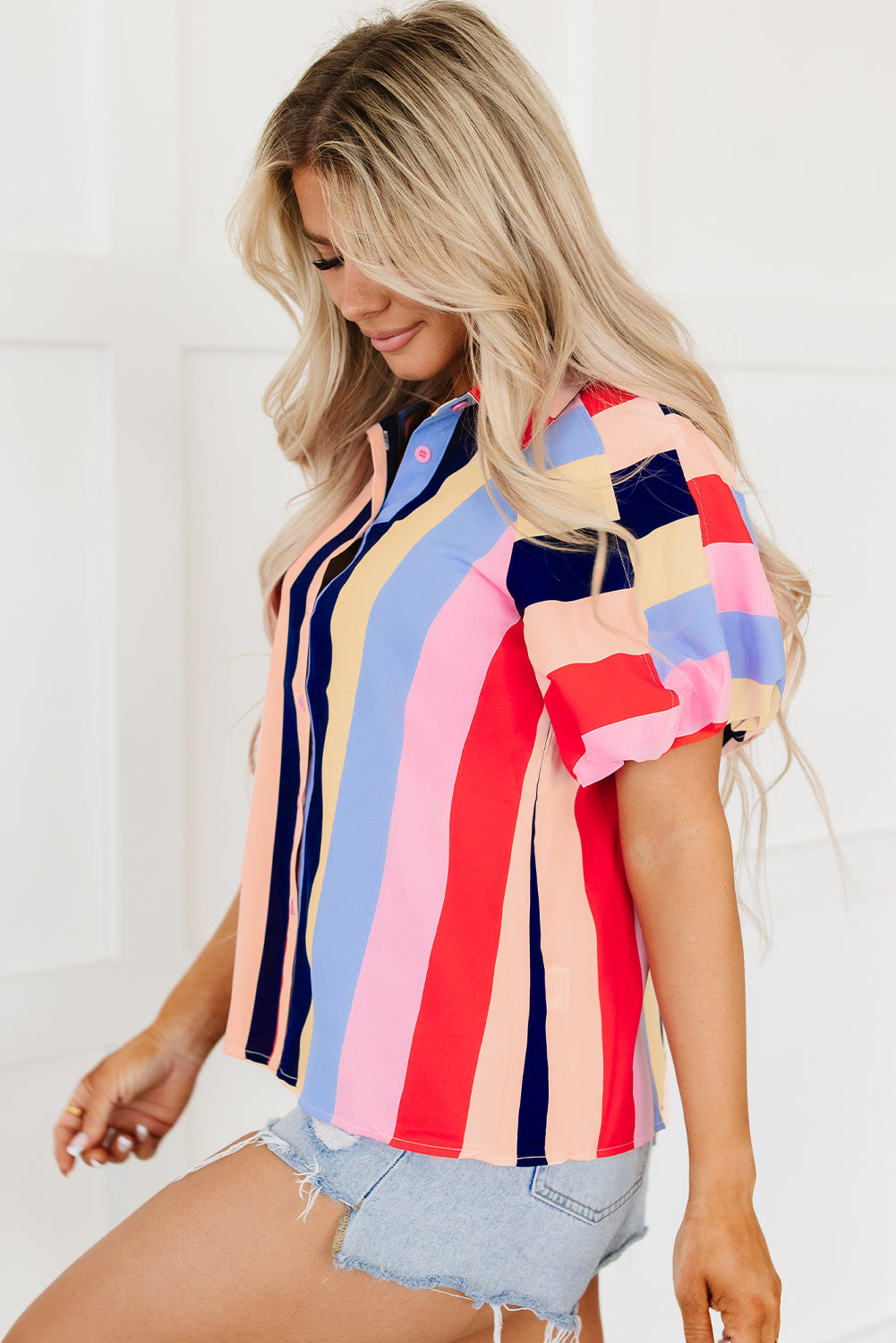 honeybee Mumford's Multicolor Color Block Striped Puff Sleeve Buttoned Shirt