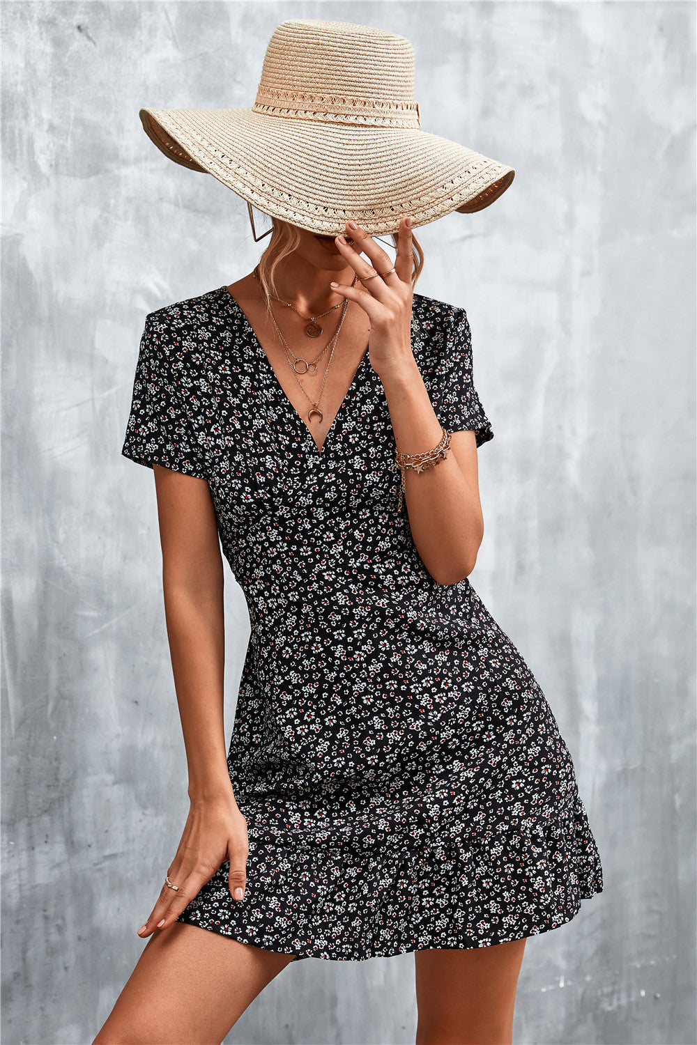 Honeybee Mumford's Ditsy Floral V-Neck Short Sleeve Dress