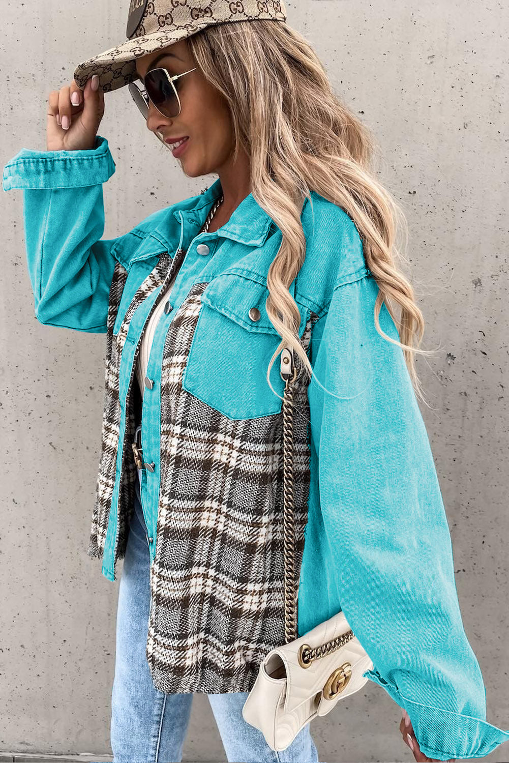 Honeybee Mumford's Sky Blue Plaid Patchwork Pockets Denim Jacket