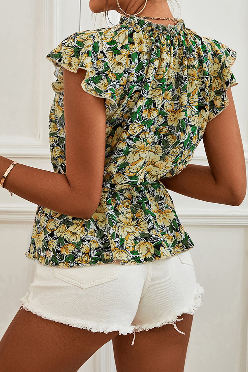 Honeybee Mumford's Floral Mock Neck Flutter Sleeve Peplum Top