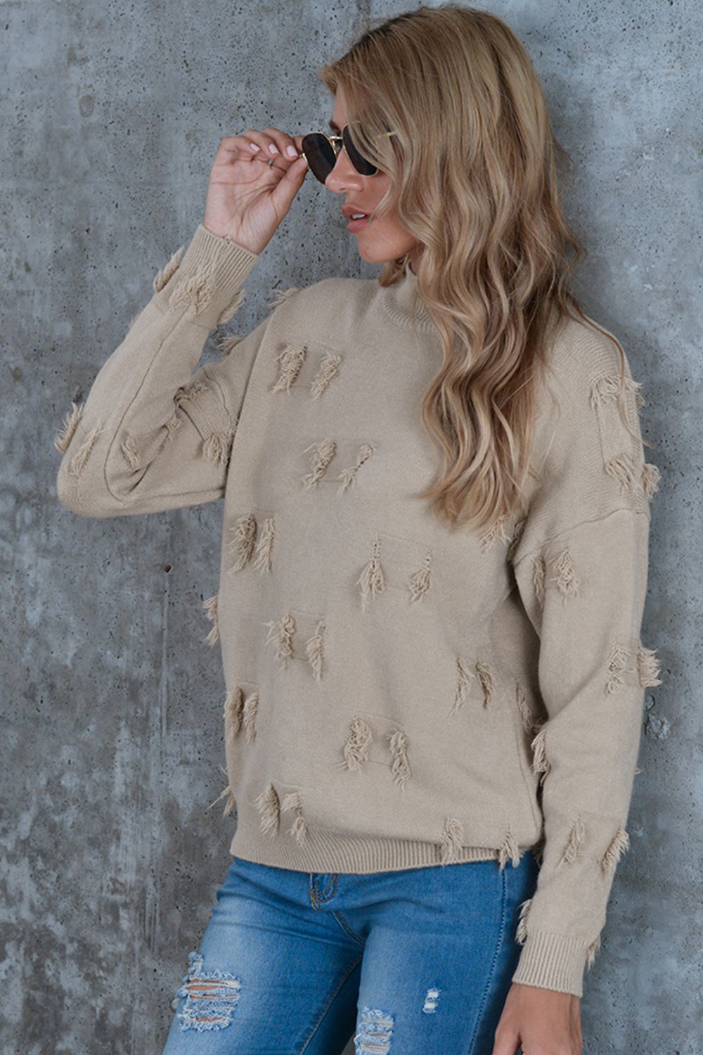 Honeybee Mumford's Mock Neck Frayed Trim Sweater