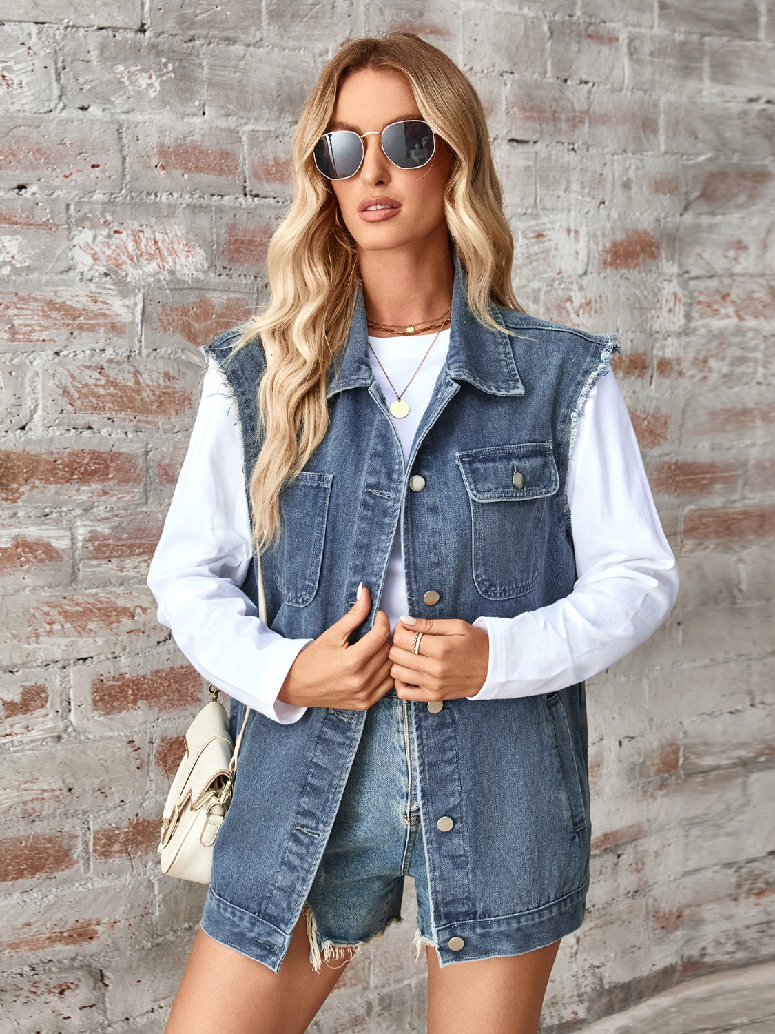 Honeybee Mumford's Raw Hem Sleeveless Button Up Denim Jacket