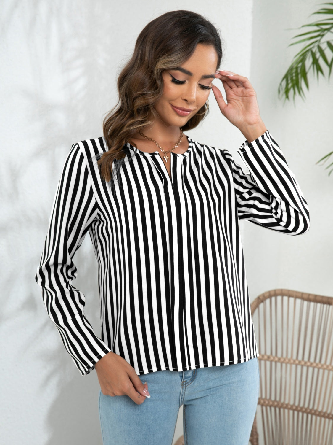 Honeybee Mumford's Striped Long Sleeve Notched Blouse