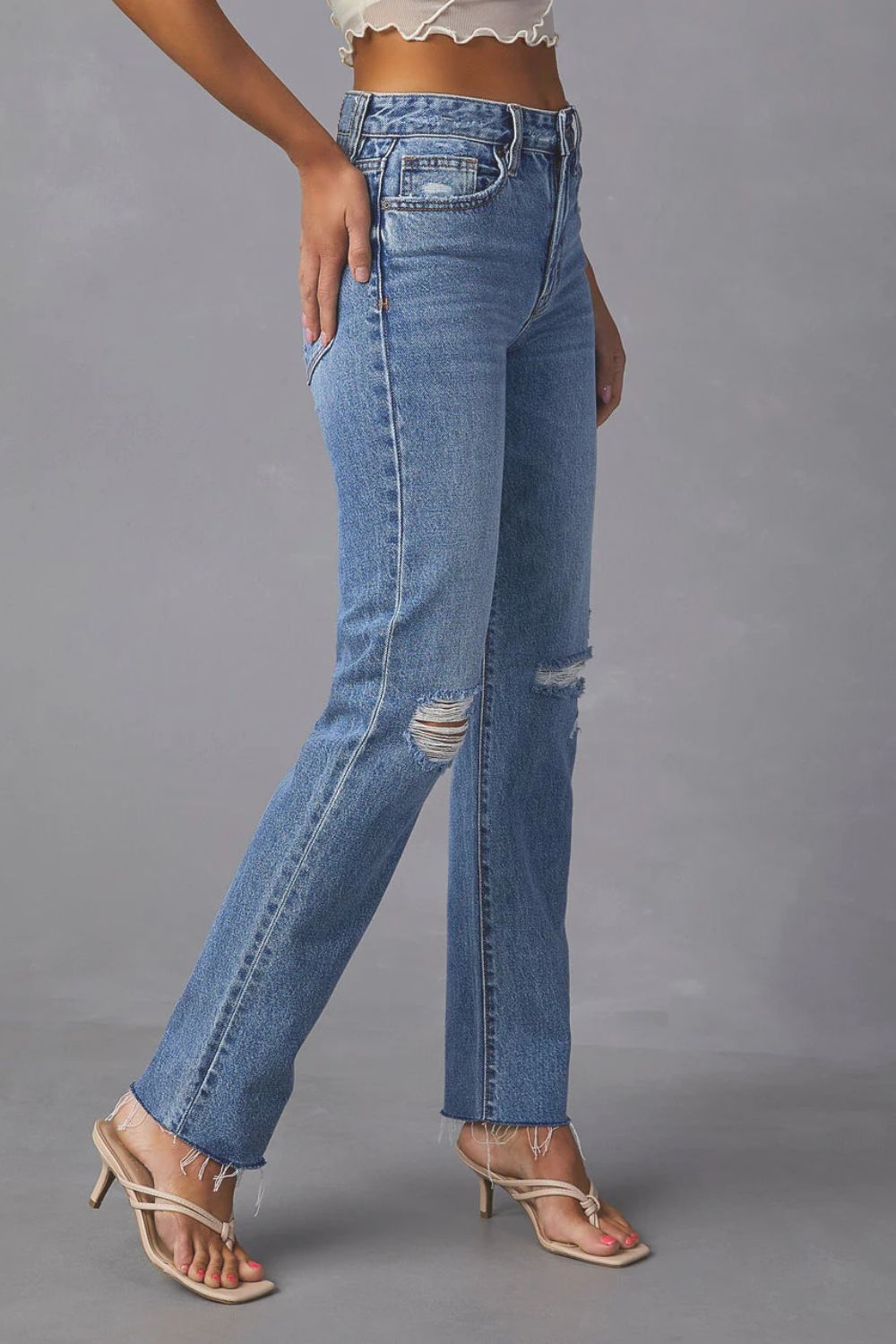 Honeybee Mumford's Distressed Raw Hem Straight Jeans with Pockets