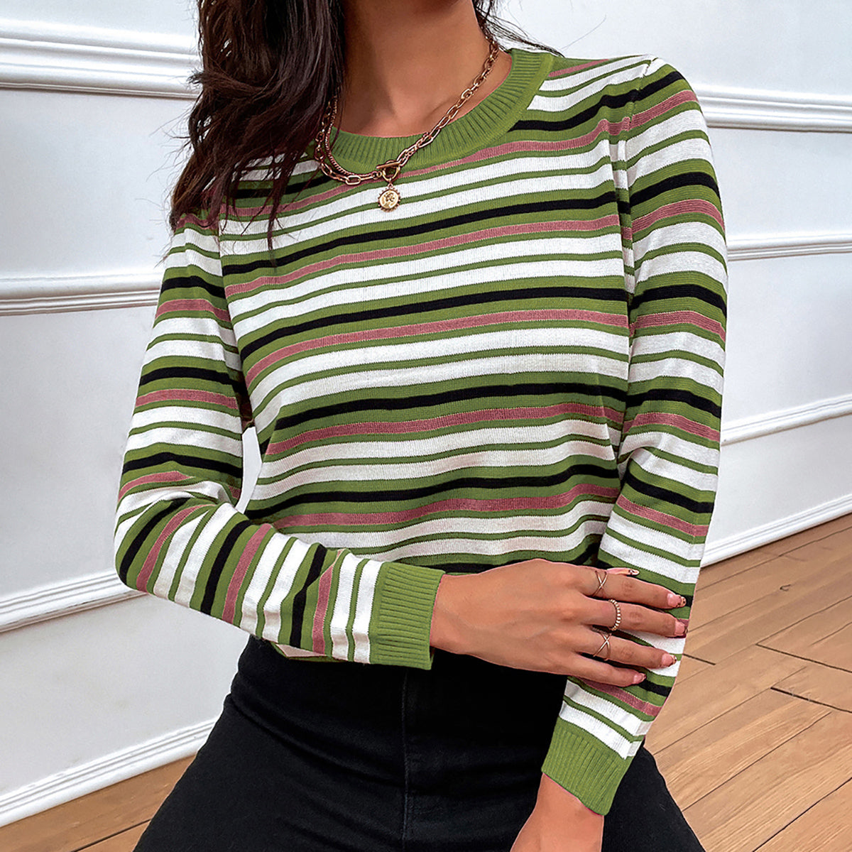 Honeybee Mumford's Striped Round Neck Long Sleeve Sweater